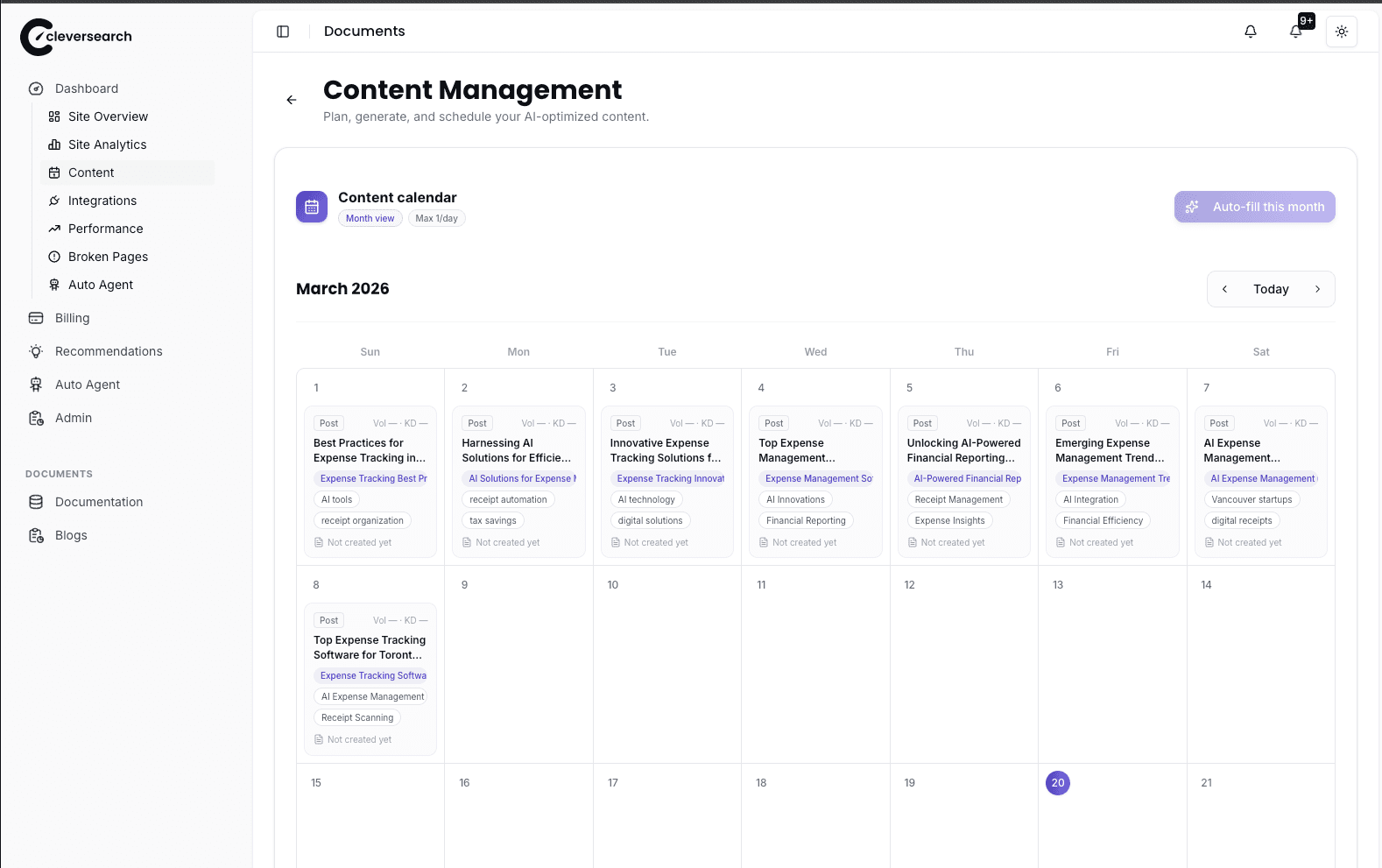 Clever Search content management system with editorial calendar for AI-optimized publishing