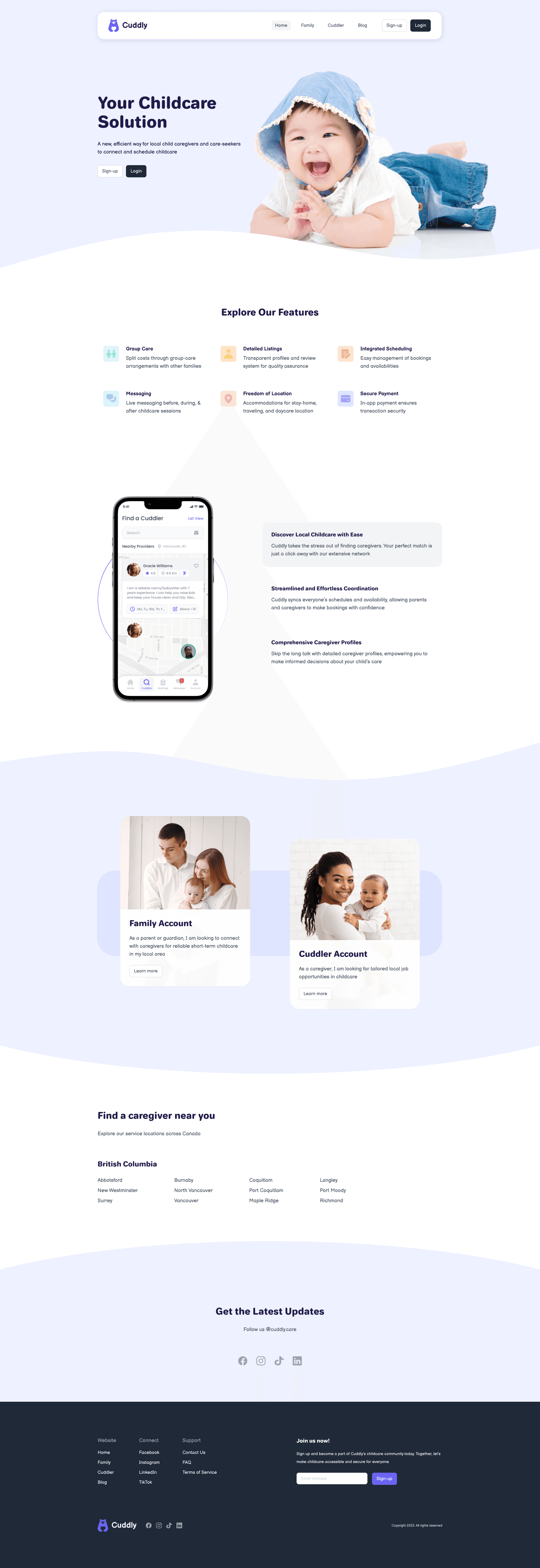 Cuddly public website — full homepage design with hero section, features, and caregiver accounts