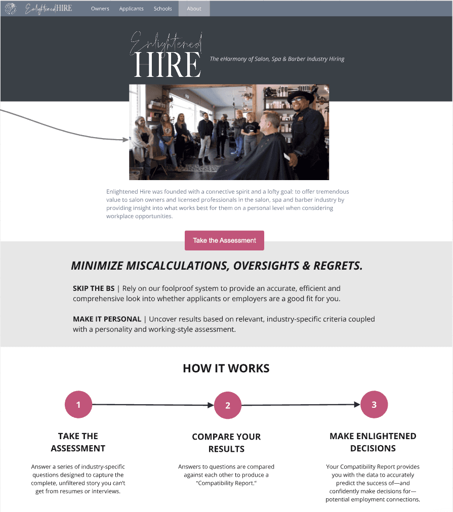 EnlightenedHire how it works section — three-step process from assessment to enlightened decisions