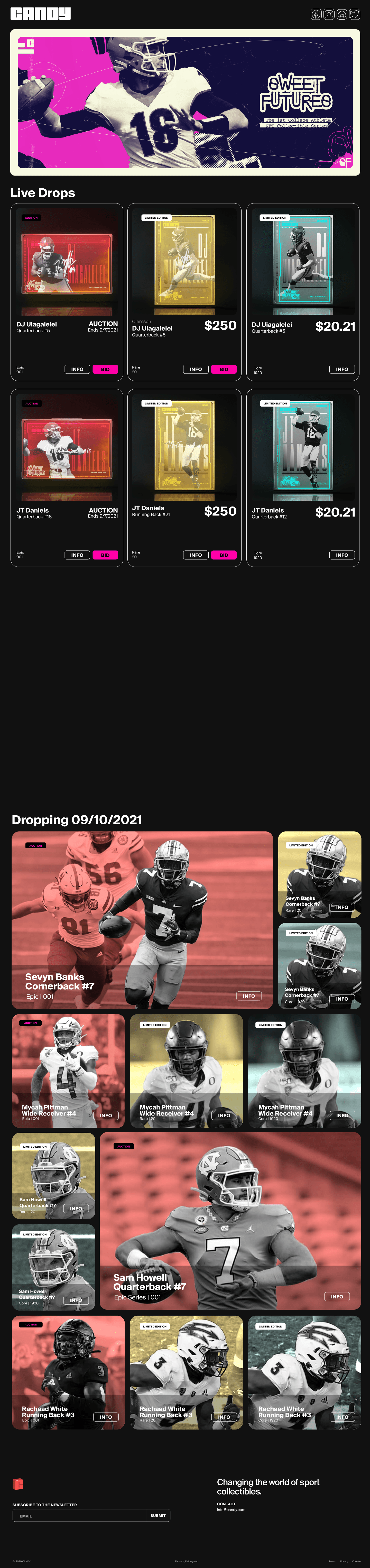 Candy NFT marketplace — live drops page with American football player cards, pricing, and upcoming drop schedule